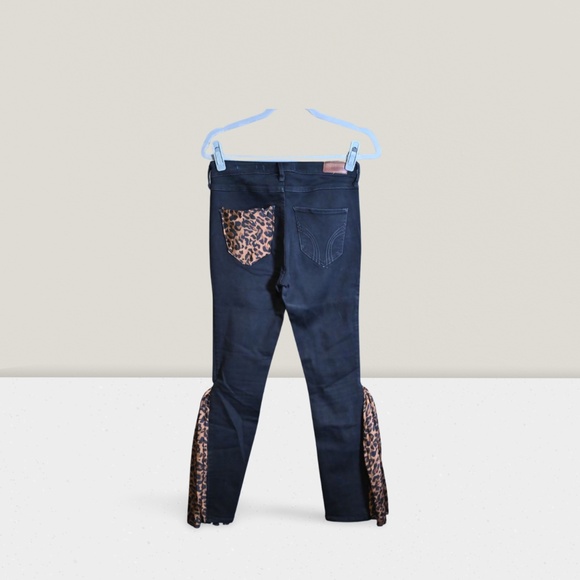 Black Hollister Skinny Jeans – Customized Flares with Pleated Leopard Fabric - Picture 4 of 5